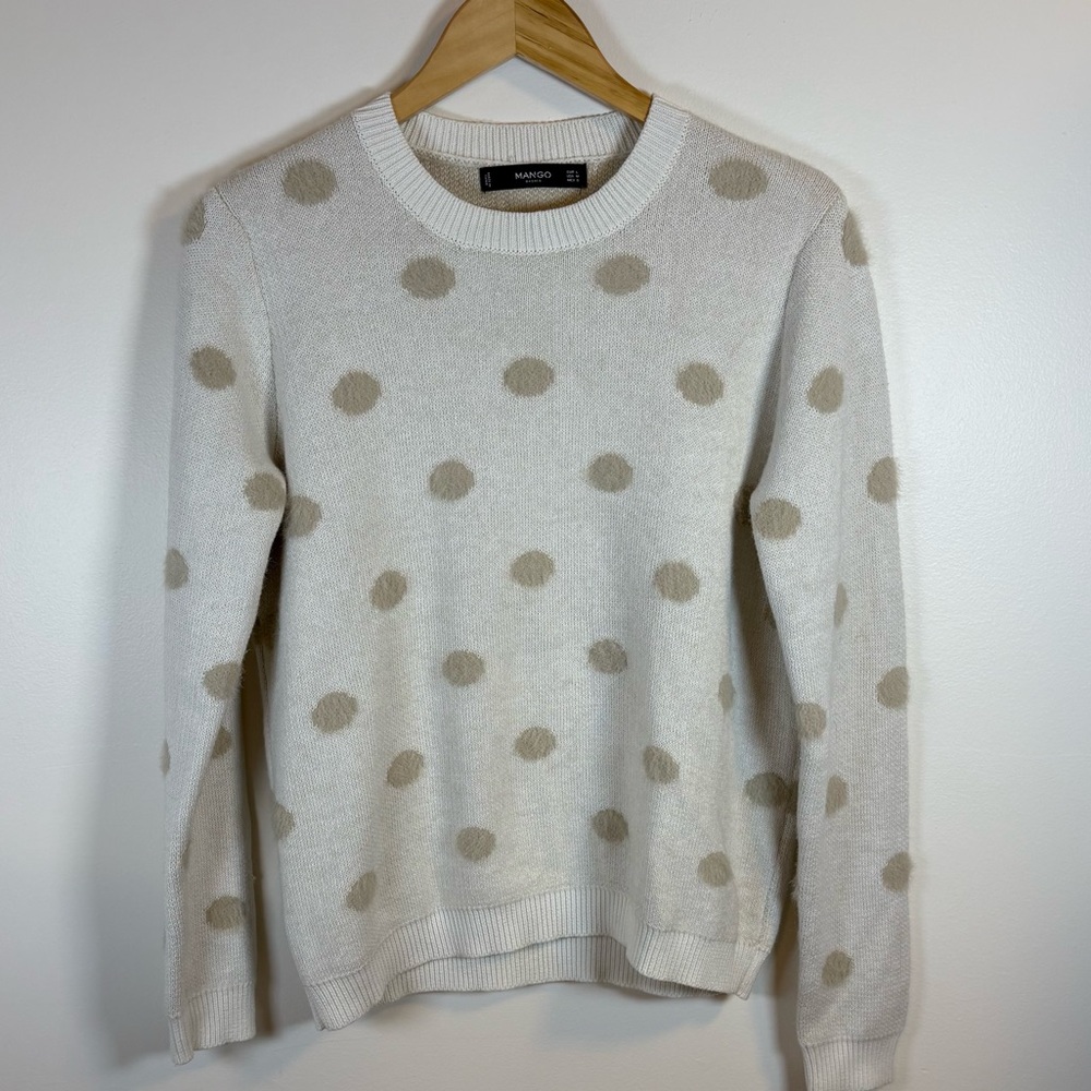 Mango Women’s Sweater Cream Polka Dot Crew Neck, Size Medium, Warm Fuzzy Knit